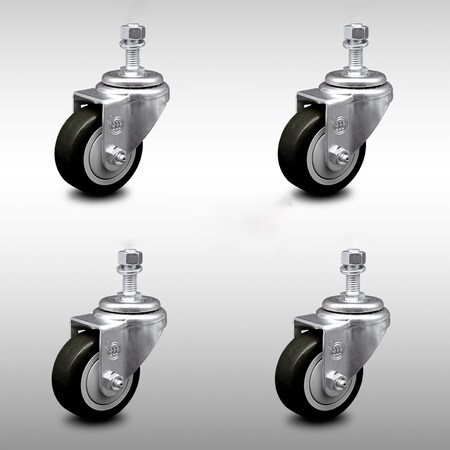 Service Caster 3 Inch SS Black Polyurethane Wheel Swivel 12mm Threaded Stem Caster Set SCC SCC-SSTS20S314-PPUB-BLK-M1215-4
